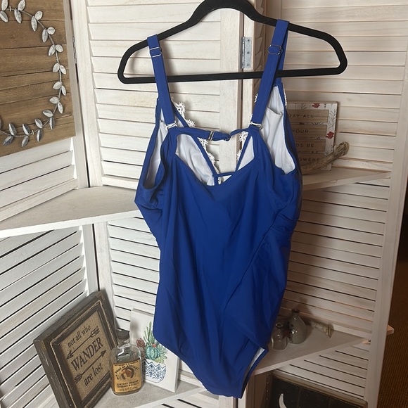 NWT DACI One Piece Swimsuit Blue With White Lace Plunge - Picture 5 of 8